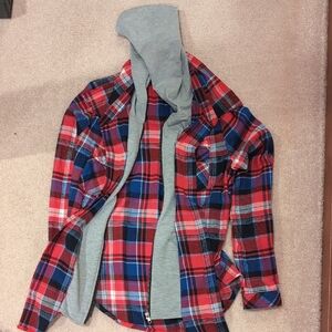 Ci Sono Red and Blue Plaid Shirt Jacket with Gray Hood
